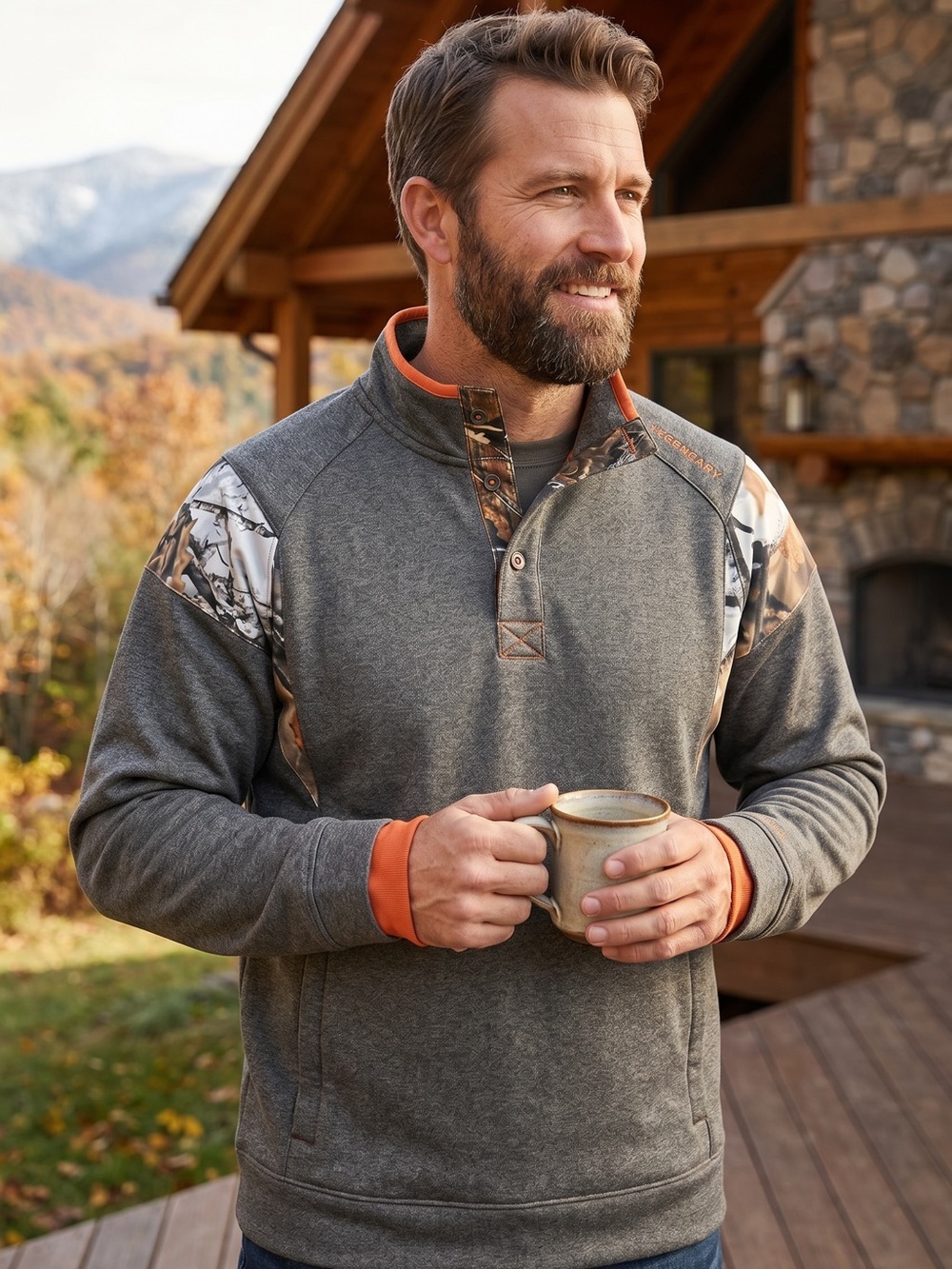 Legendary Whitetails Gray Sweatshirt with Orange Trim and Camo Shoulders
